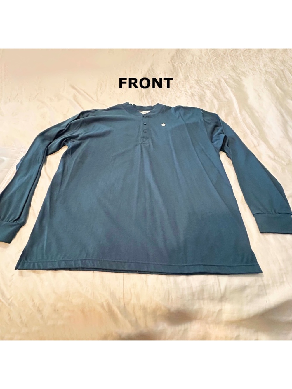 T-SHIRT, TEAL BLUE, SIZE XL (46), LONG SLEEVES, COTTON/POLYESTER, HENLEY BUTTON